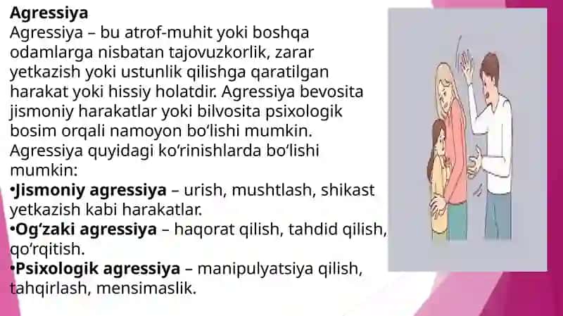 Agressiya va zo'ravonlik. Uning ko'rinishlarini mazmun mohiyati. 3