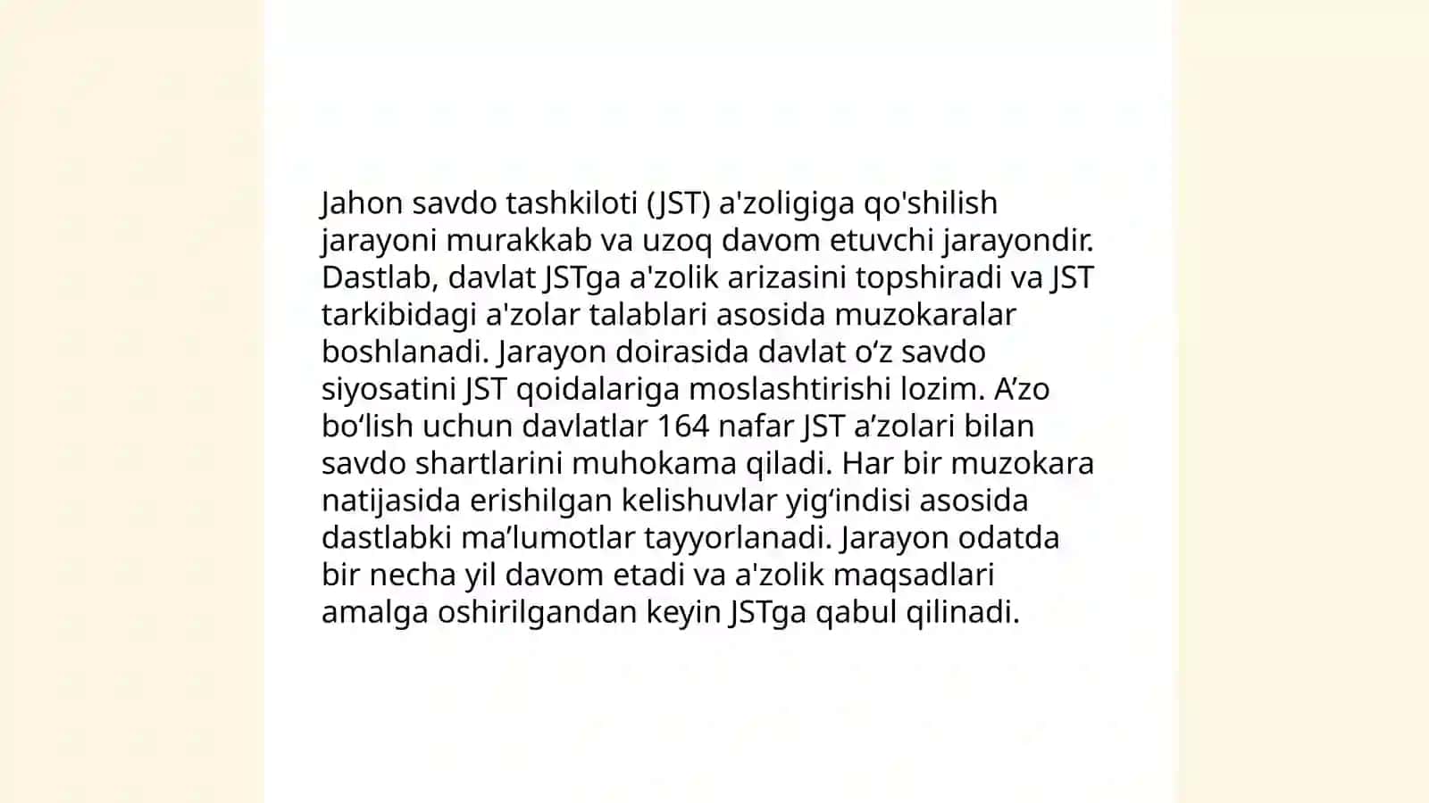 Oʻzbekiston respublikasining butunjahon savdo tashkilotiga aʼzo boʻlib kirishni belgilovchi shart sharoitlar 3
