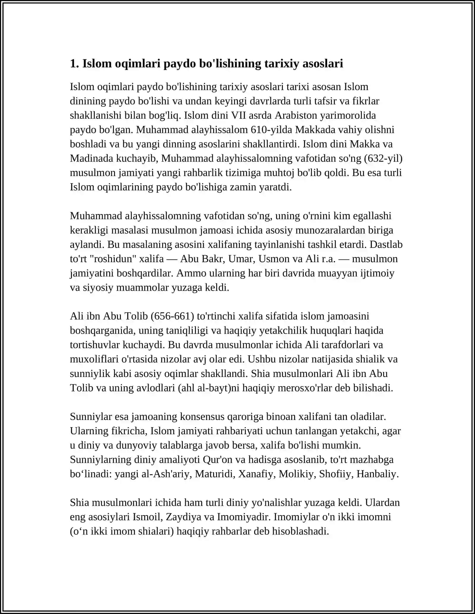 ISLOM OQIMLARI VA YO‘NALISHLARINING PAYDO BO‘IISHI SABABLARI, E'TIQODIDAGI BO‘LINISHLARNING SABABLARI VA OQIBATLARI 3
