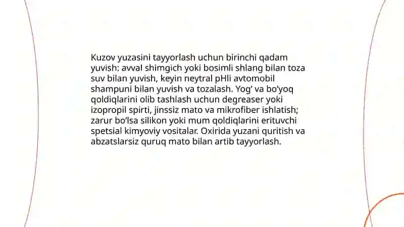 Avtomobil kuzovini bo‘yashga tayyorlash, bo‘yash materiallari va jihozlari 3