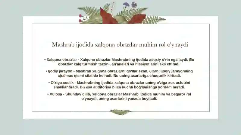 Mashrab ijodida xalqona obrazlar va xalqona uslub 3