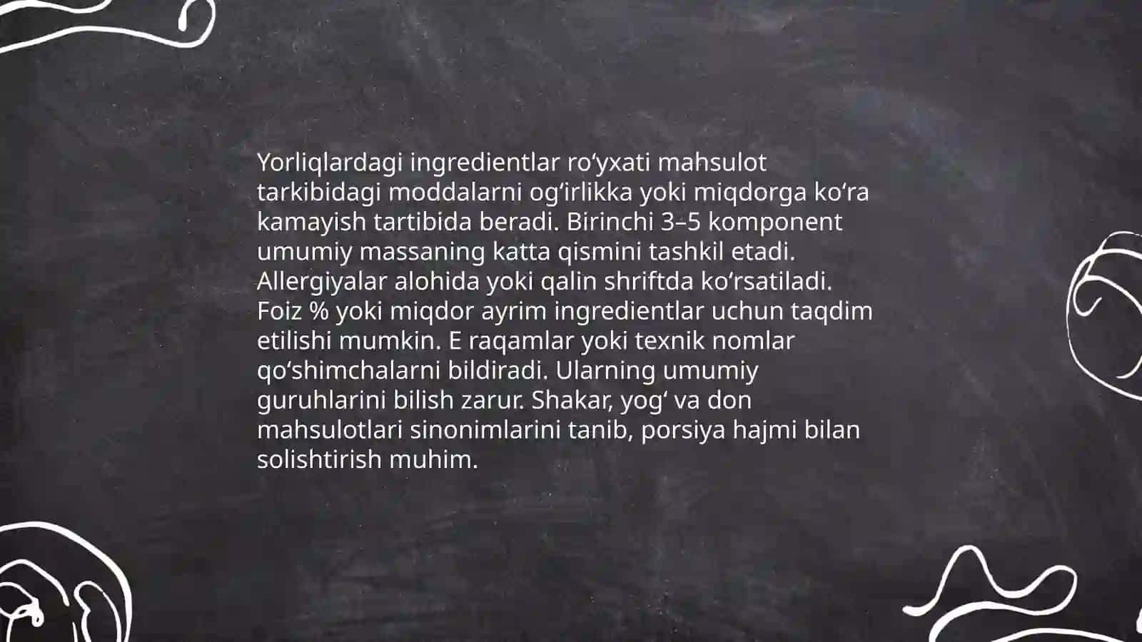 Oziq ovqat maxsulotlarini tarkibi foydali va zararli xususiyatlarini yorliqlar orqali oʻrganish 3