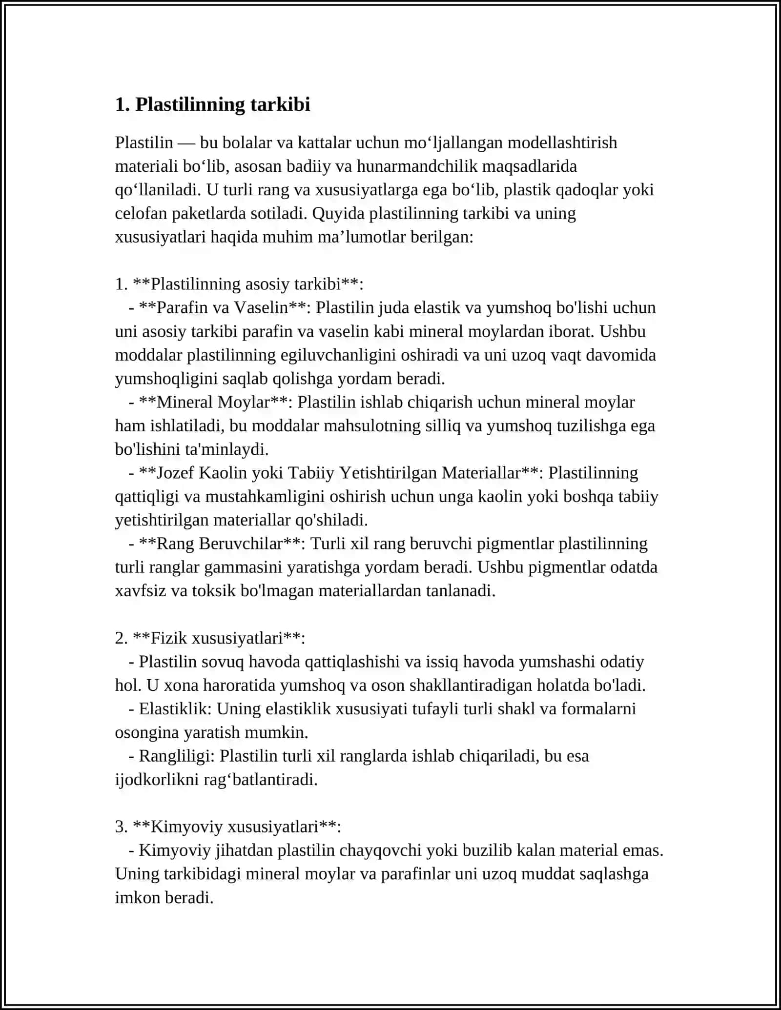 PLASTILIN TARKIBI VA XUSUSIYATLARI.PLASTILINGA ISHLOV BERISH USULLARI 3