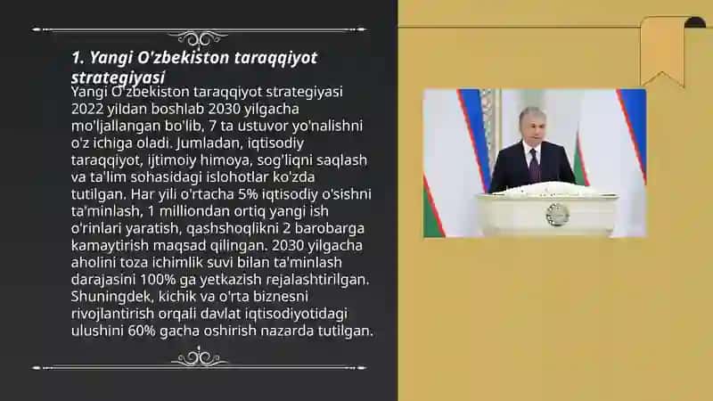 Yangi O'zbekistonda Prezident Shavkat Mirziyoyev rahbarligi va tashabbusi ostida amalga oshirilayotgan islohotlar 3