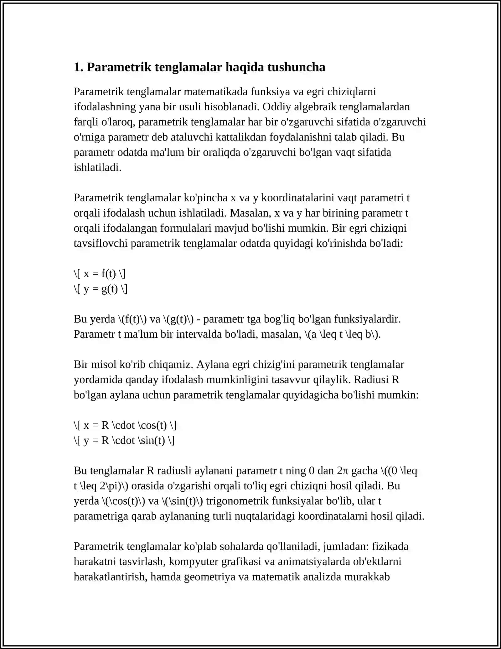 MUSTAQIL ISH Mavzu: TUZATMANING PARAMETRIK TENGLAMASIN TUZISH. VAZN FUNKCIYASI 3