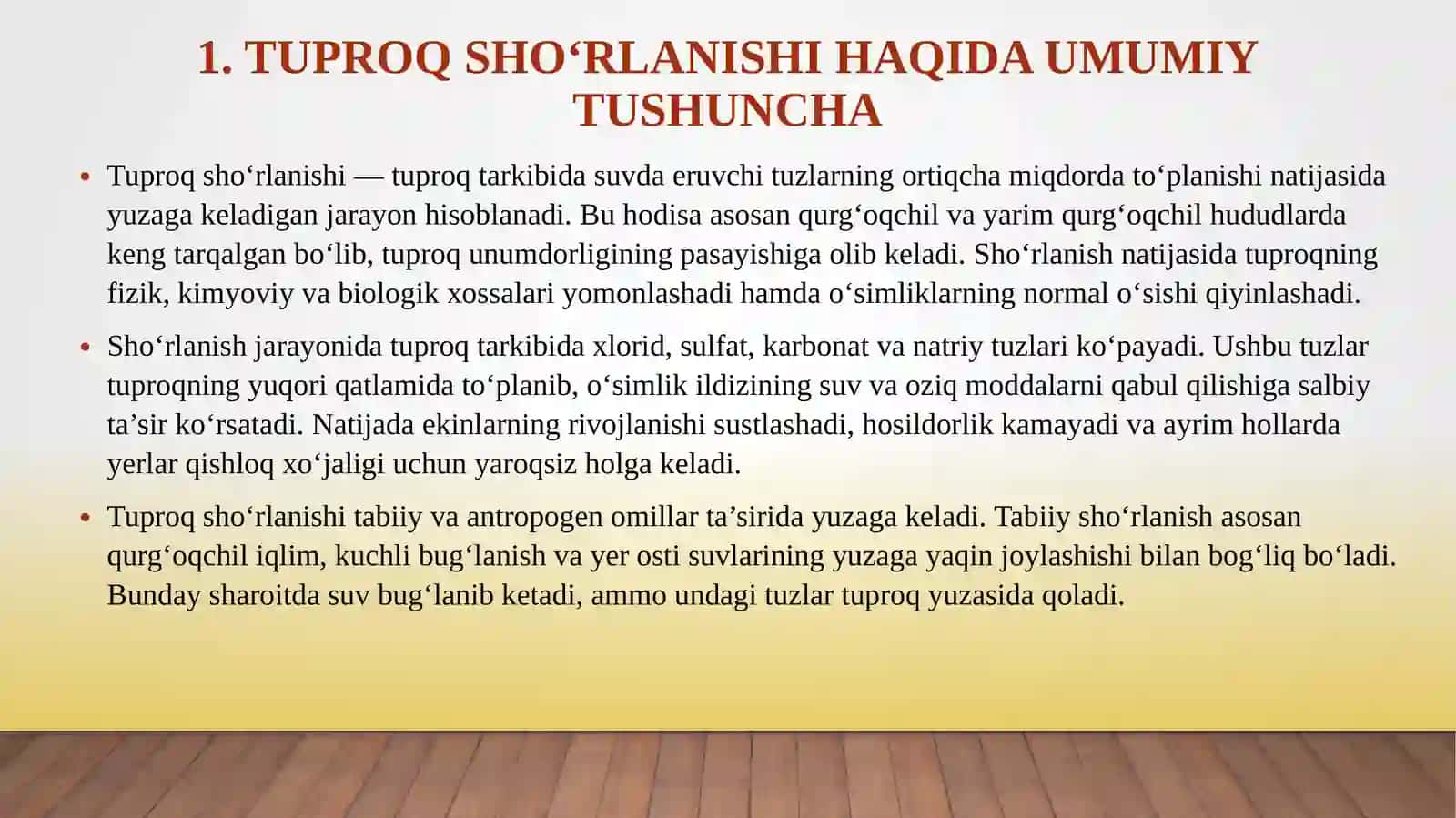 Tuproqlar sho‘rlanishi tasniflari. O‘zbekistonning sho‘rlangan tuproqlari va ulardan foydalanish masalalari 3