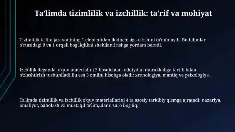 Ta'limda tizimlilik va izchillik prinsiplarini amalga oshirish qoidalari mutaxassisligingizda 3