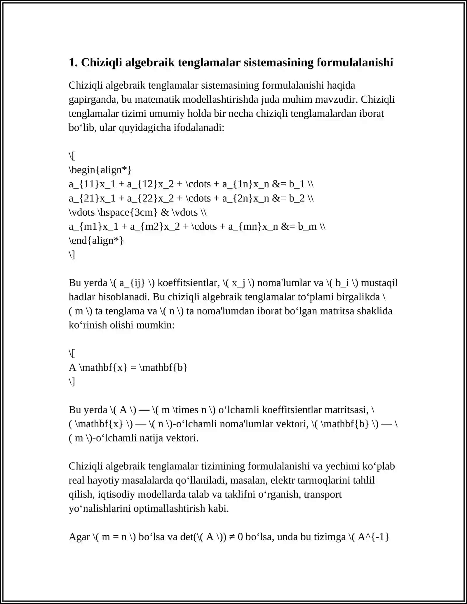 CHIZIQLI ALGEBRAIK TENGLAMALAR SISTEMASINI TAQRIBIY YECHISH. ODDIY ITERATSIYA VA ZEYDEL USULLARI 3