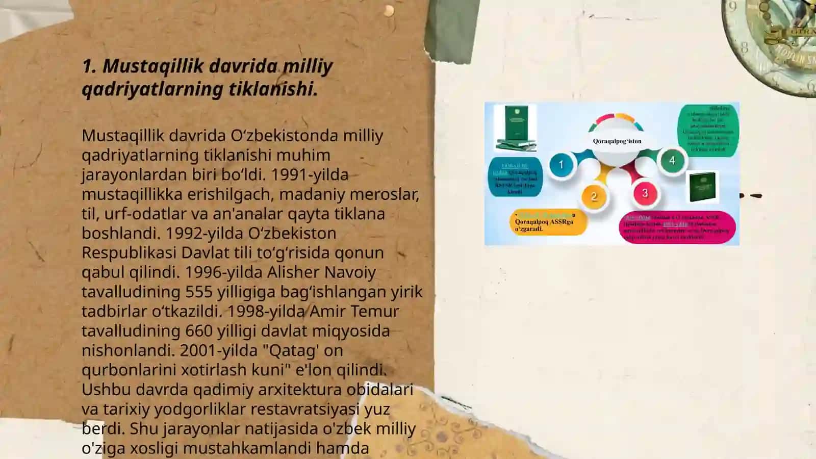 Òzbekkistonda milliy qadriyatlar va tarixni tiklash borasida amalga oshirilgan islohotlar mazmuni. Mustaqillik yillarda davlat boshqaruvi tizimida amalga oshirilgan islohotlar. Qishloq xo'jaligi va sanoat sohasidagi õzgarishlar.Òzbekstonda inson huquqlari va erkinliklari kafolatining yaratilishi 3