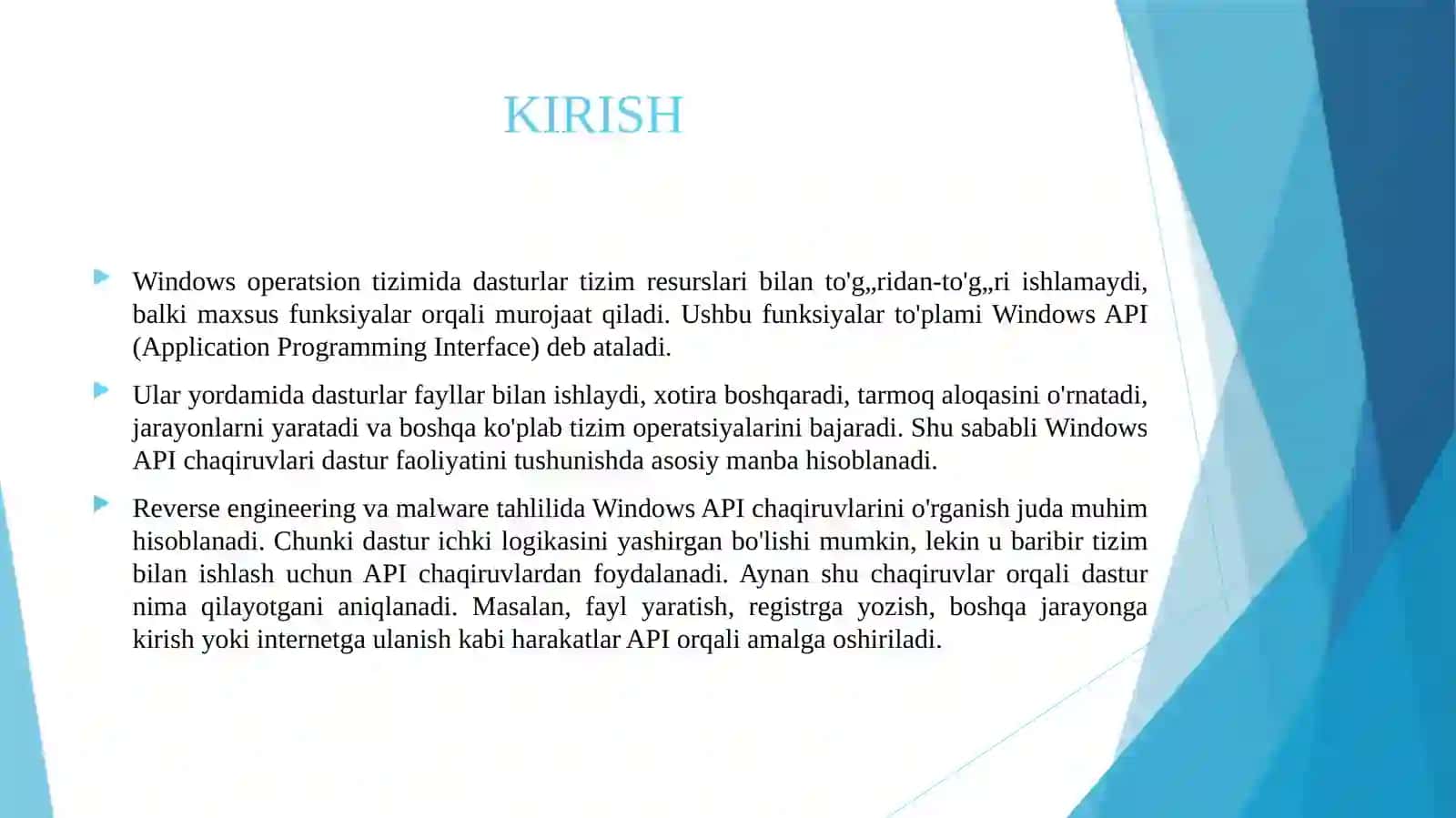 WINDOWS API CHAQIRUVLARINI TAHLIL QILISH, HUJJATLASHTIRISH VA ZARARLI FOYDALANISH HOLATLARINI O‘RGANISH. 3