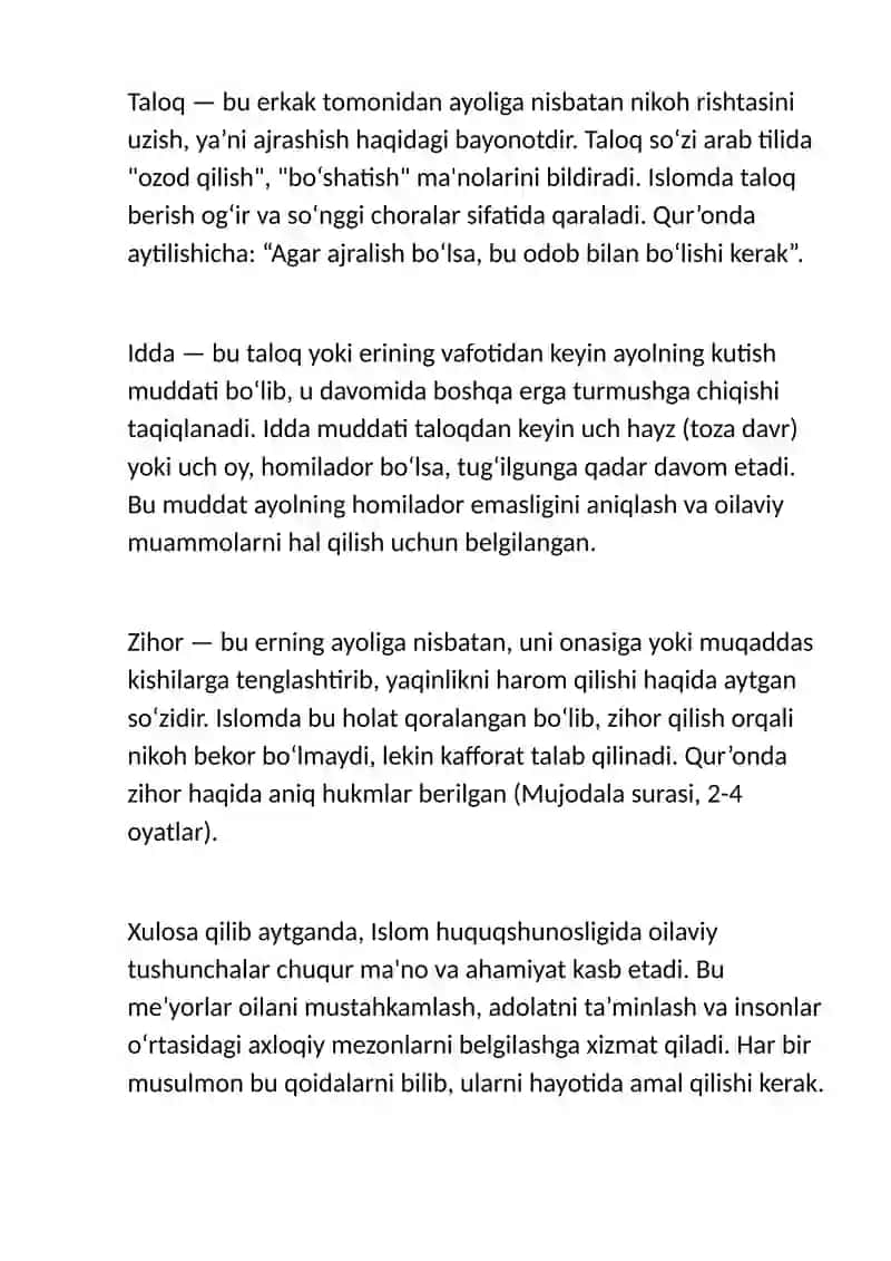Islom huquqshunosligida oila, nikoh, taloq, idda, zihor, tushunchalarining ta’riflash haqida esse 3