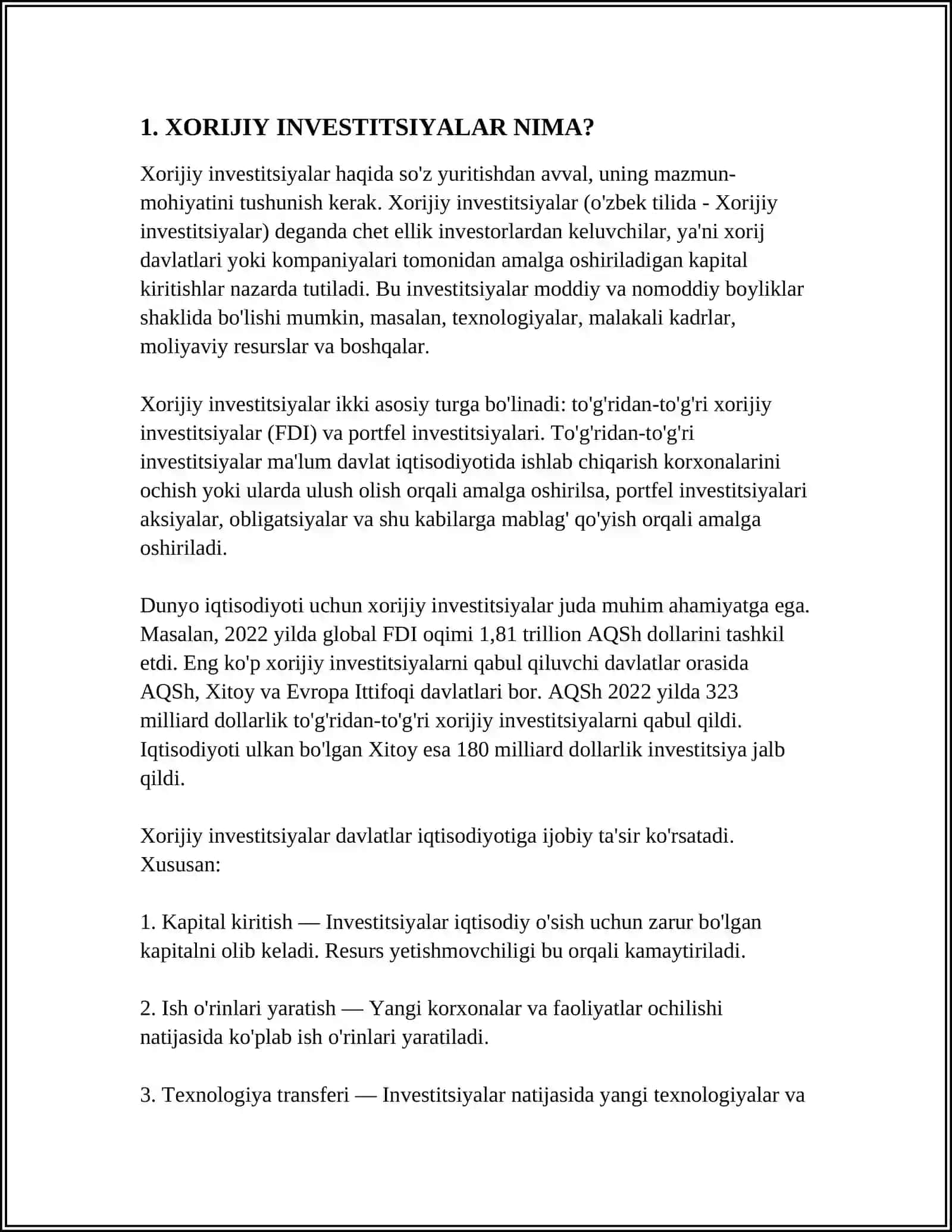 XORIJIY INVESTITSIYALAR HAQIDA TUSHUNCHA VA UNING MOHIYATI 3
