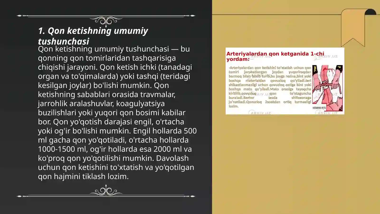 Qon ketish, tasnifi, turlari, to‘xtatish usullari. Bog‘lamlar turlari va qo‘llash usullari 3