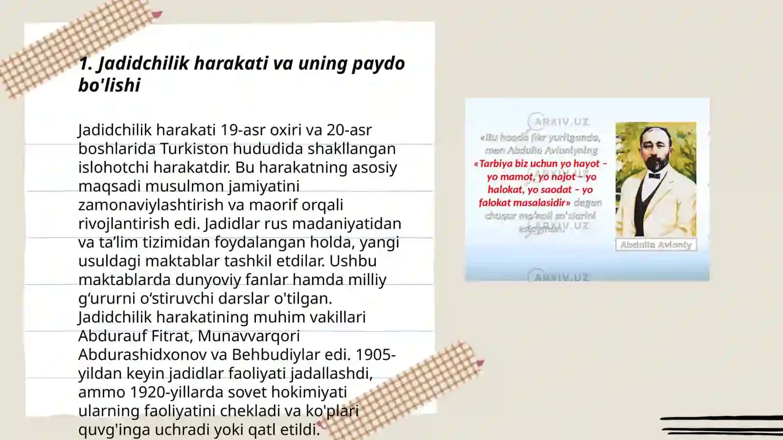 Jadid ma'rifatparvarlarning o'lka ijtimoiy-ma'naviy hayotida tutgan o'rni(Munavvar, Qori, Fitrat, Behbudiy, Avloniy va boshqalar) 3