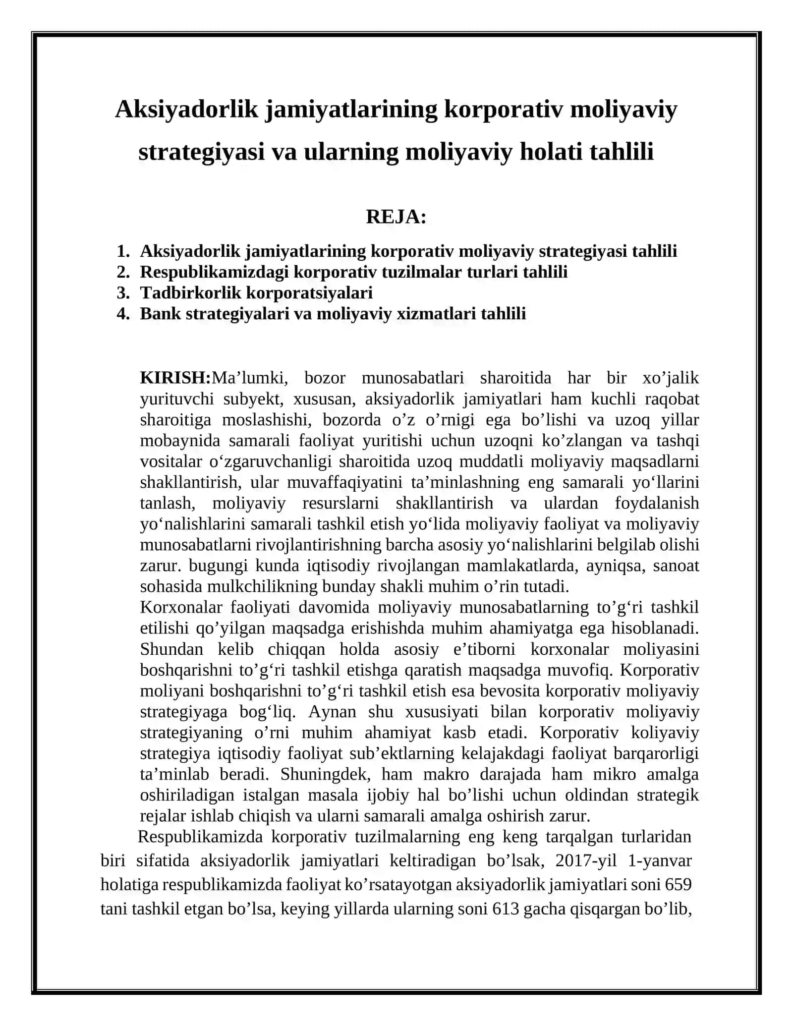 Aksiyadorlik jamiyatlarining korporativ moliyaviy strategiyasi va ularning moliyaviy holati tahlili 3