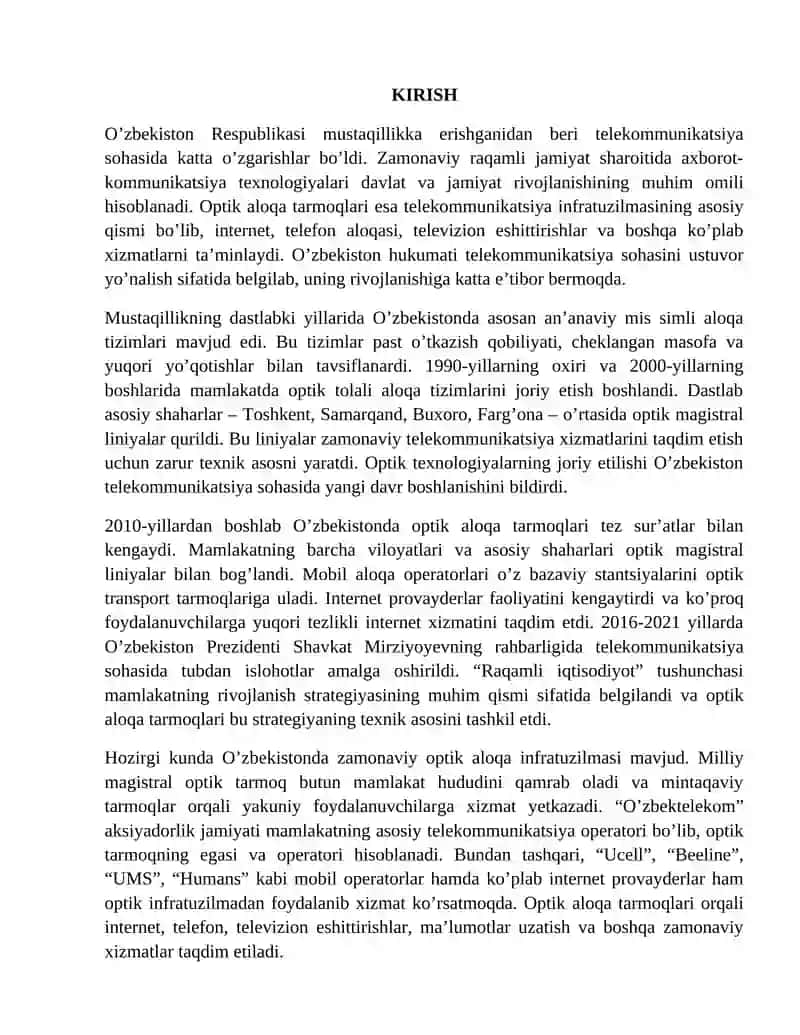 O‘zbekiston Respublikasida optik aloqa tarmoqlarining holati va rivojlanish istiqbollari 3