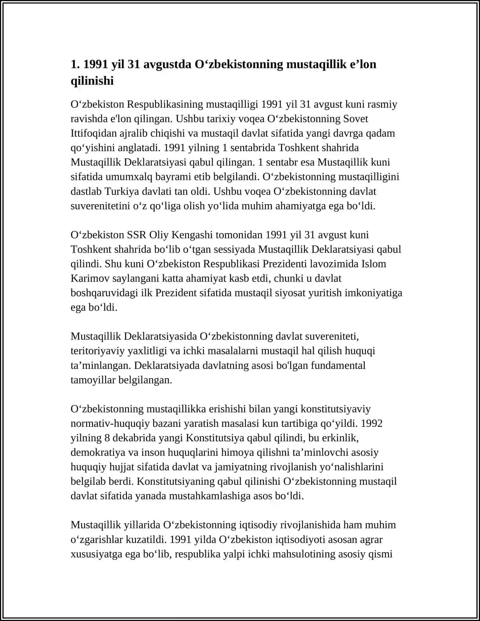MUSTAQIL OʻZBEKISTON RESPUBLIKASINI TASHKIL TOPISHI 3