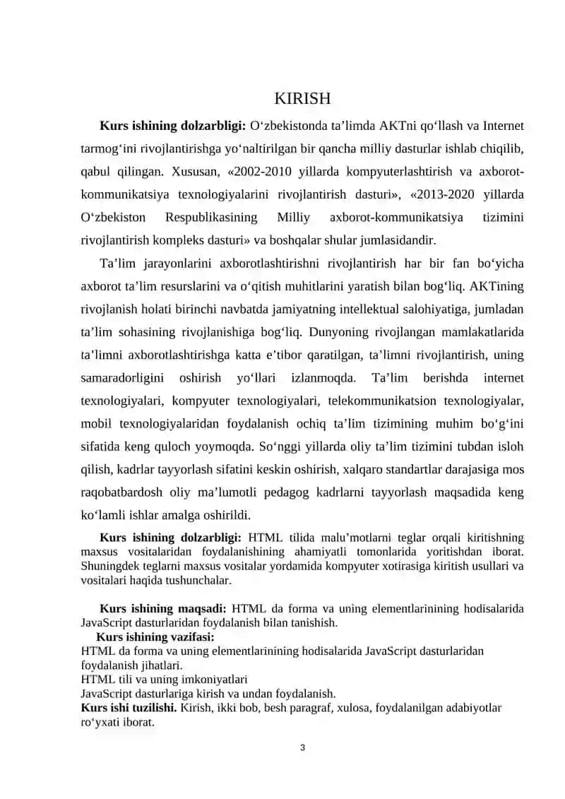 HTML da forma va uning elementlarinining hodisalarida JavaScript dasturlaridan foydalanish 3