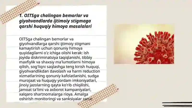 OITSga chalingan bemorlar va giyohvandlar bilan bog'liq axloqiy va huquqiy muammolar. Epidemiya va axloq. OITS- global muammo sifatida 3