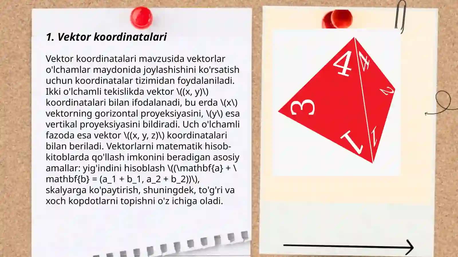 Vektor kordinatalari orasidagi bogʻlanish qism fazolarning yigʻindisi va kesishmasi 3