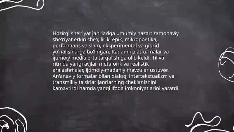 Hozirgi she'riyat janrlari boʻyicha taqdimot tayyorlash 3