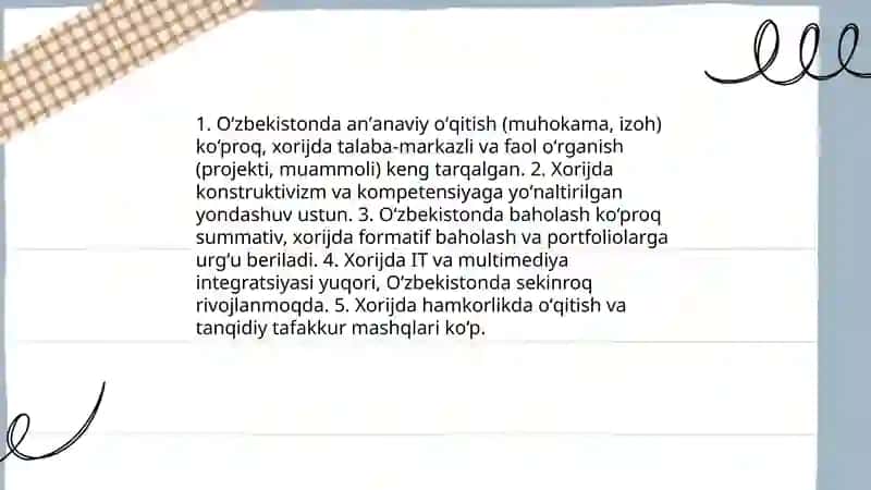 O’zbekiston ta’lim muassasalarida amal qilinayotgan adabiyot o’qitish metodlarini xorijdagi o’qitish metodlari bilan qiyoslab o’rganish 3