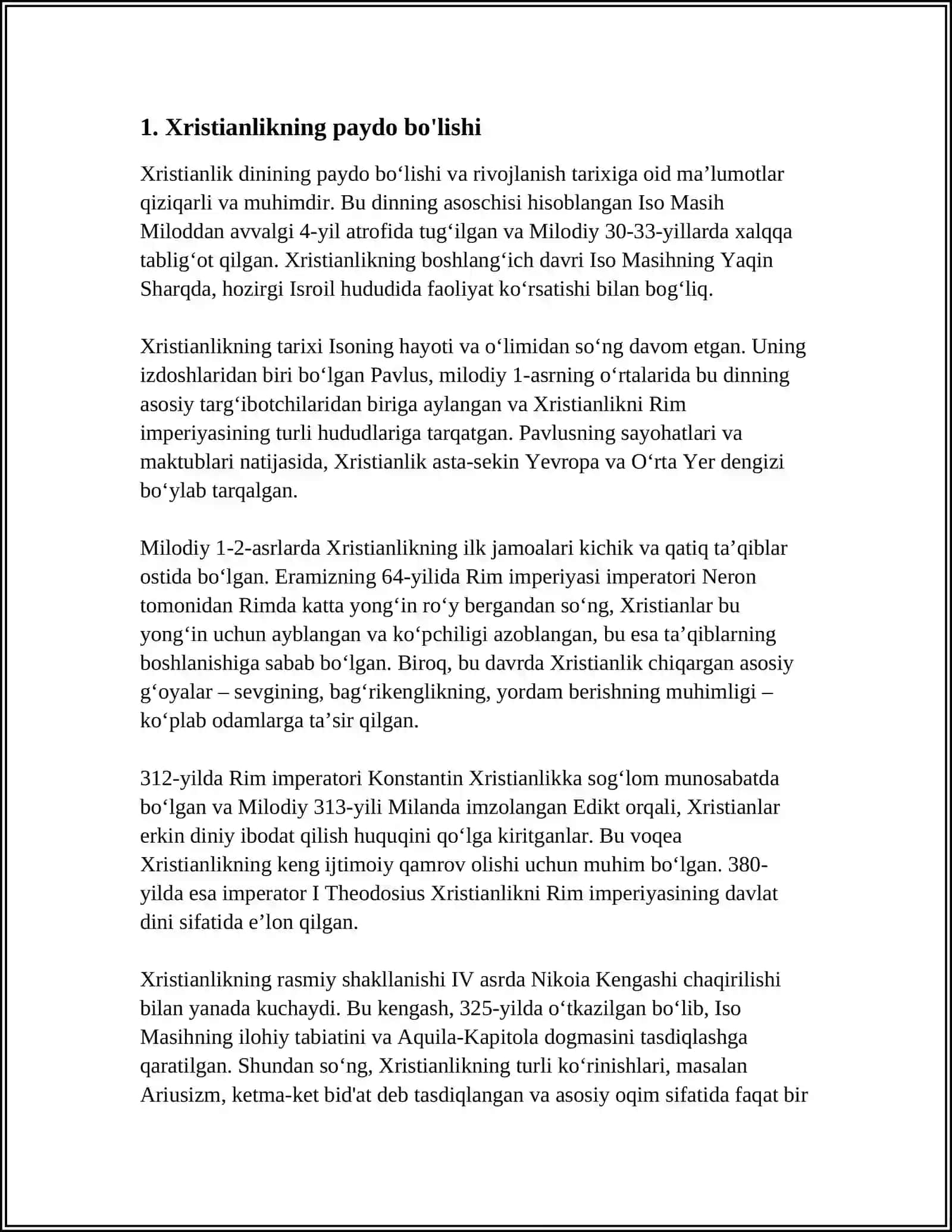 XRISTIAN DININING PAYDO BOʻLISHI, AQIDALARI, ASOSIY YOʻNALISHLARI, TAʼLIMOTLARI VA MANBALARI 3