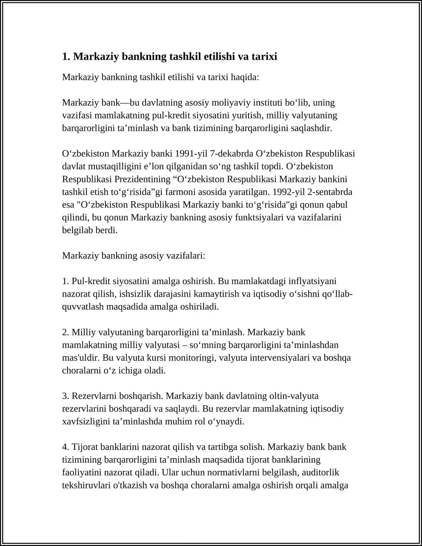 MARKAZIY BANK FUNKSIYA VA VAZIFALARI HAQIDA REFERAT 15 VAROQLI 3