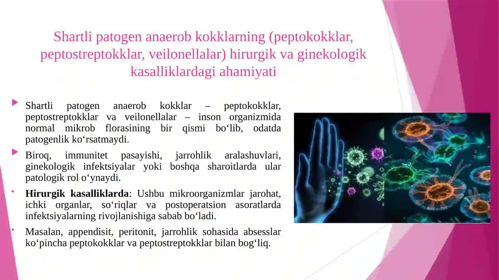 Shartli patogen anaerob kokklarni (peptokokklar, peptostreptokklar, veylonellalar) hirurgik va ginekologik kasalliklardagi ahamiyati. Qandli diabetda uchraydigan infeksiyalar, patogenez va laboratoriya tashhisi. 3