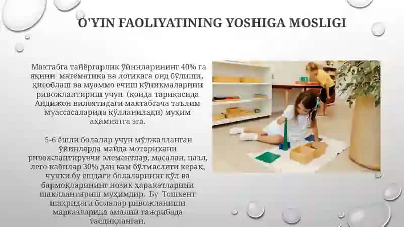 O'yin faoliyat orqali bolani maktabga tayyorlash muamosini hal qilishning zamonaviy usullari 3