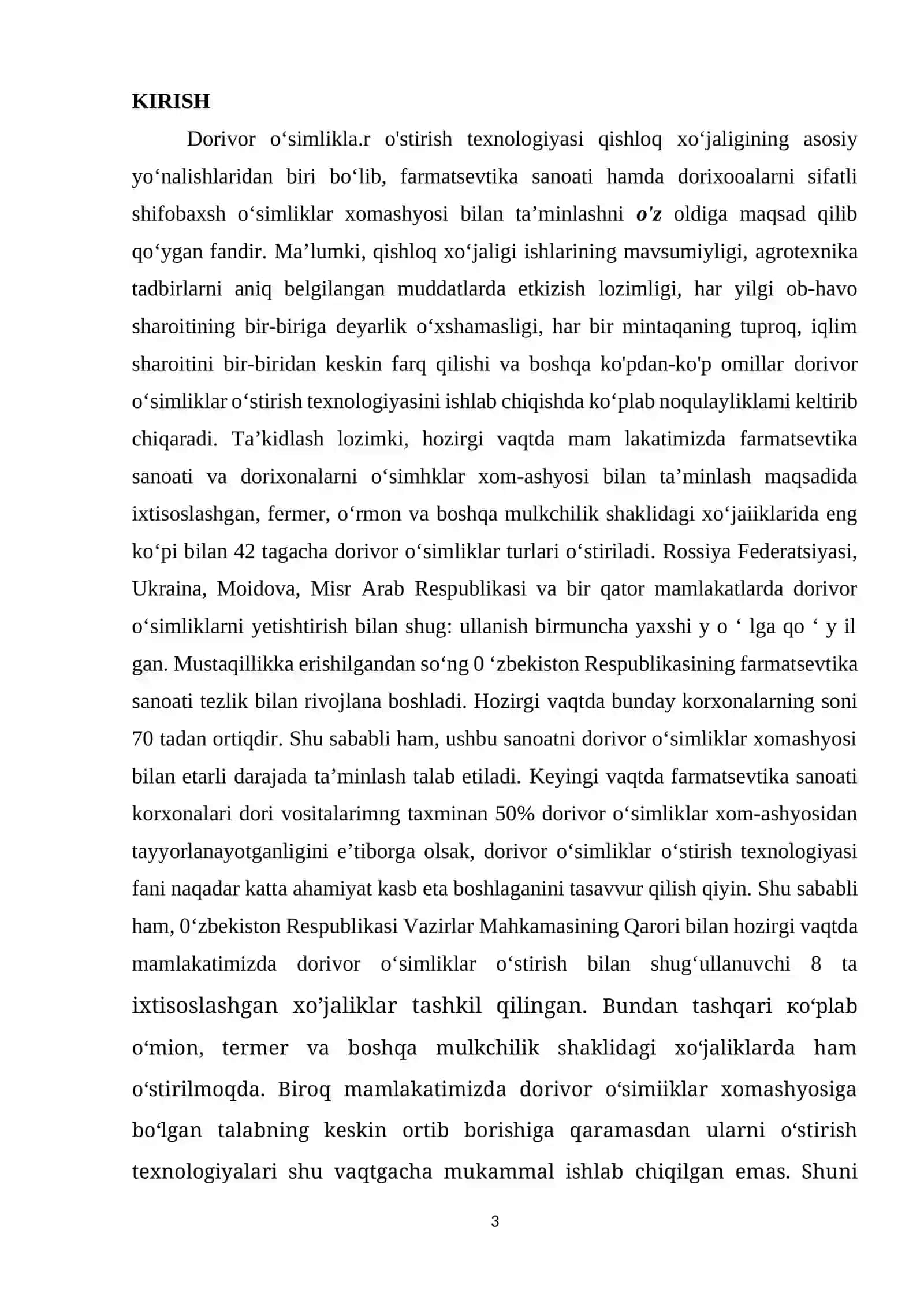 BIOINJINERIYA VA OZIQ-OVQAT XAVFSIZLIGI FAKULTETI 181-DORIVOR O’SIMLIKLARNI YETISHTIRISH VA QAYTA ISHLASH TEXNOLOGIYASI YO’NALISHI TALABASI QUROMBOYEV ISLOMBEKNING DORIVOR O’SIMLIKLARNING UYG’UNLASHGAN HIMOYASI FANIDAN 3