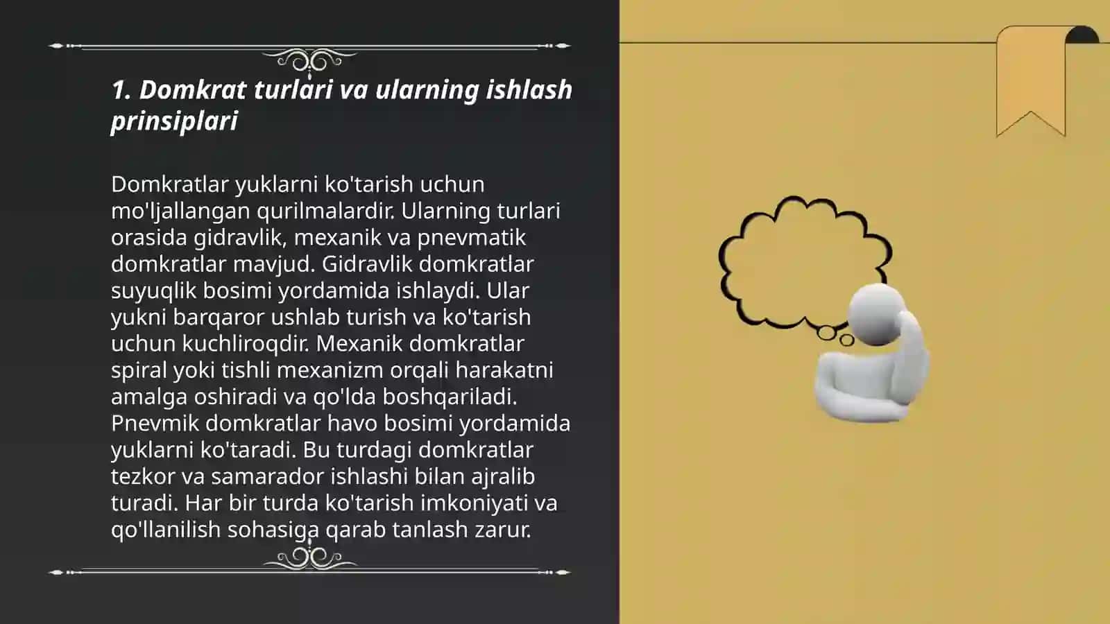 Domkrat, chiģir va tallar. Qurilish ko'targichlari.Minorali kranlar.Strelali òzi yurar montaj kranlari.Chorpoyali va kapelli kranlar. Quvur yotqizuvchi kranlar 3