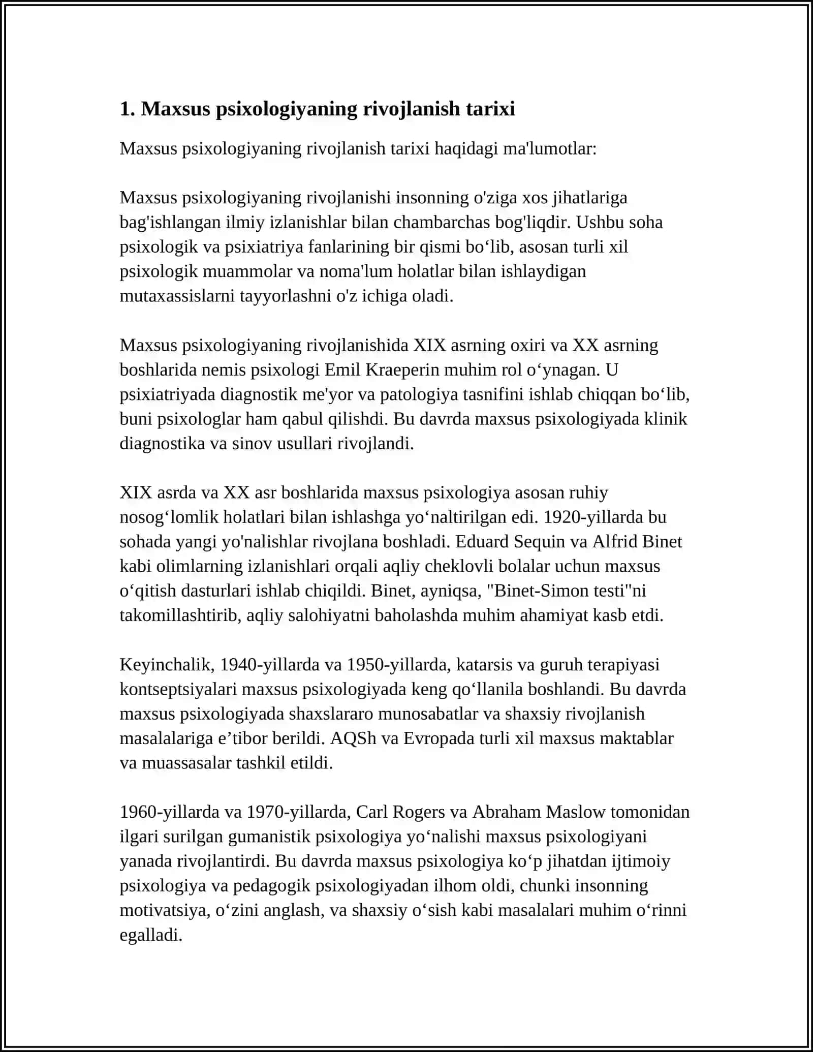 MAXSUS PSIXOLOGIYANING RIVOJLANISH TARIXI.MAXSUS PSIXOLOGIYA MAVZUSI, UNING VAZIFALARI, BOSHQA FANLARGA ALOQASI 3