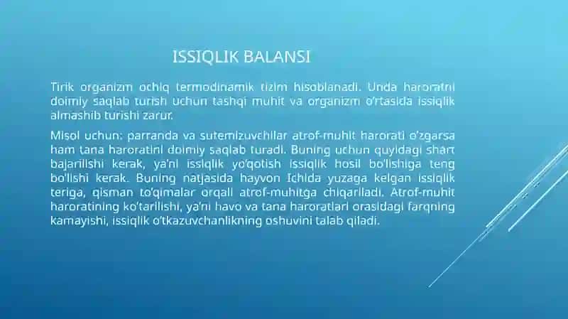 Issiqlik balansi, issiqlik almashinuvi turlari, termometriya va kalorimetriya 3