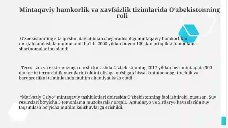 Oʻzbekistonning Markaziy Osiyoda Tinchlik va Barqarorlikni Taʼminlashdagi Rol 3