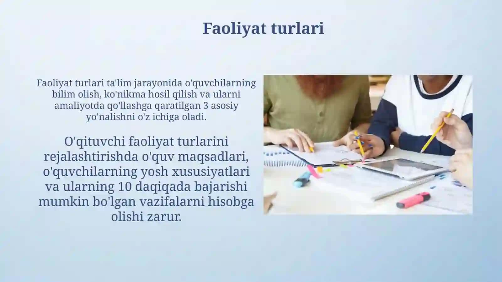 Dars tahlili, oʻzaro darslarga kirish va ochiq dars oʻtkazish faoliyat turlari 3