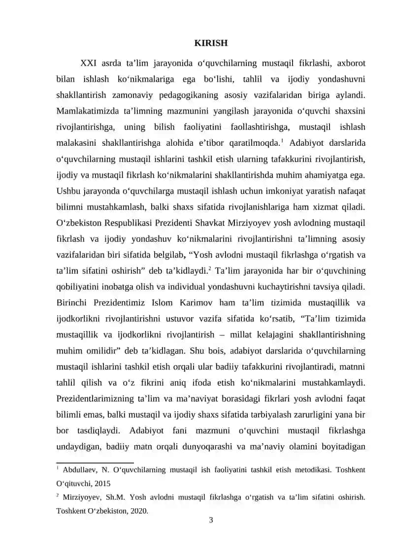 Adabiyot darslarida o'quvchilarning mustaqil ishlarini tashkil etish 3