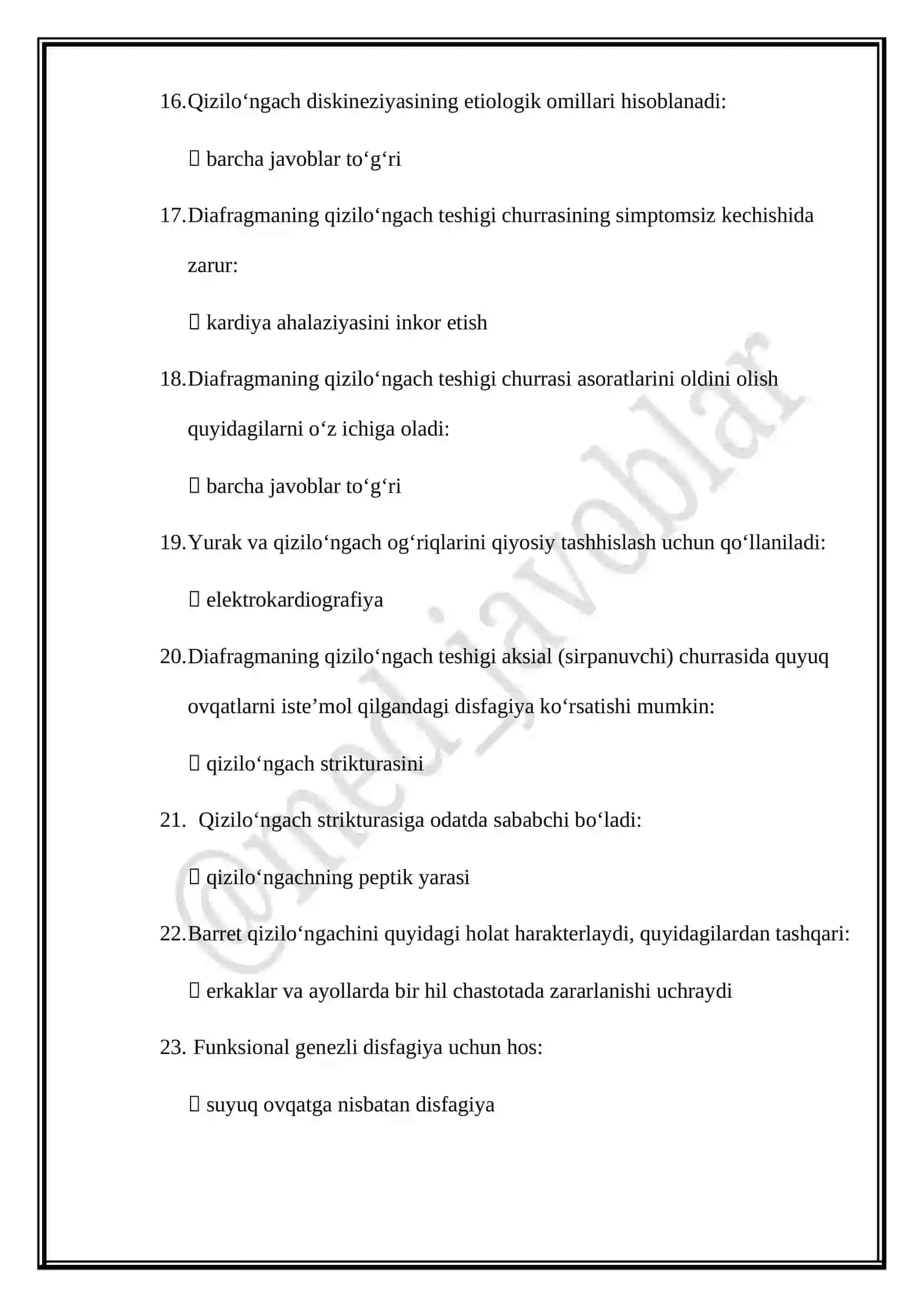 Gastroenterologiya mutaxassisligi boʻyicha shakllantirilgan test savol javoblari 3