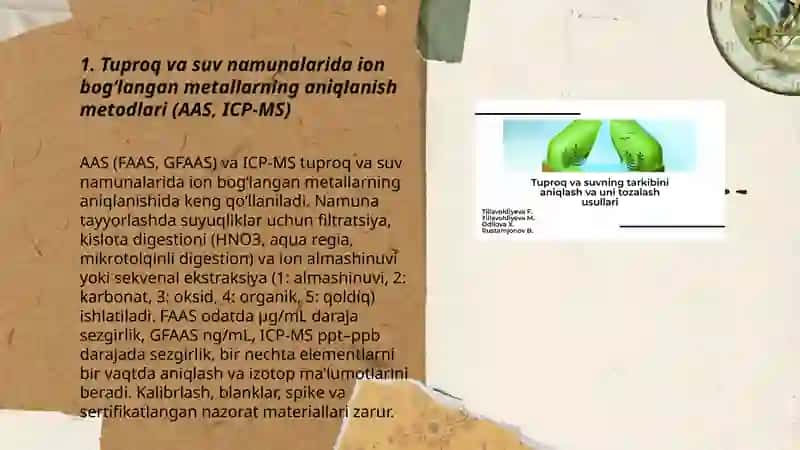 Tuproq va suvdagi ion bog'lanishli ifloslovchi moddalarni aniqlash ularni kimyoviy ekalogik xavfsiz tozalash usullari 3