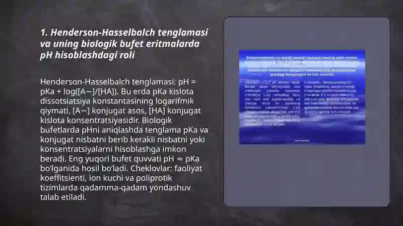 Henderson-Hasselbalch tenglamasi va uning biologik bufet eritmalarda pH hisoblashdagi roli 3