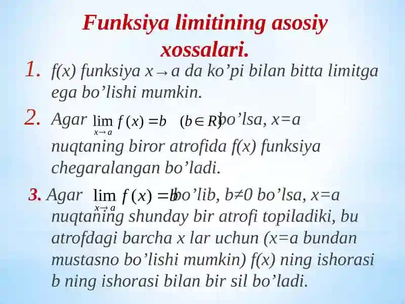 LIMITLARNING ASOSIY XOSSALARI. ANIQMASLIKLAR VA ULARNI OCHISH 3