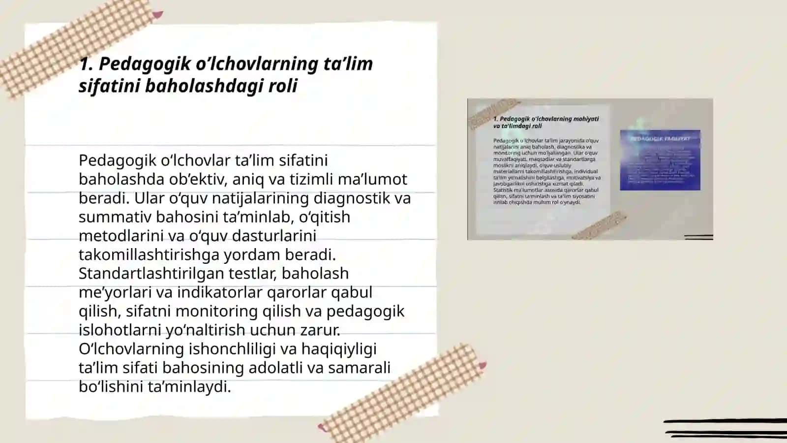 Pedagogik o’lchovlarning ta’lim sohasidagi xususiyatlari va ahamiyati 3