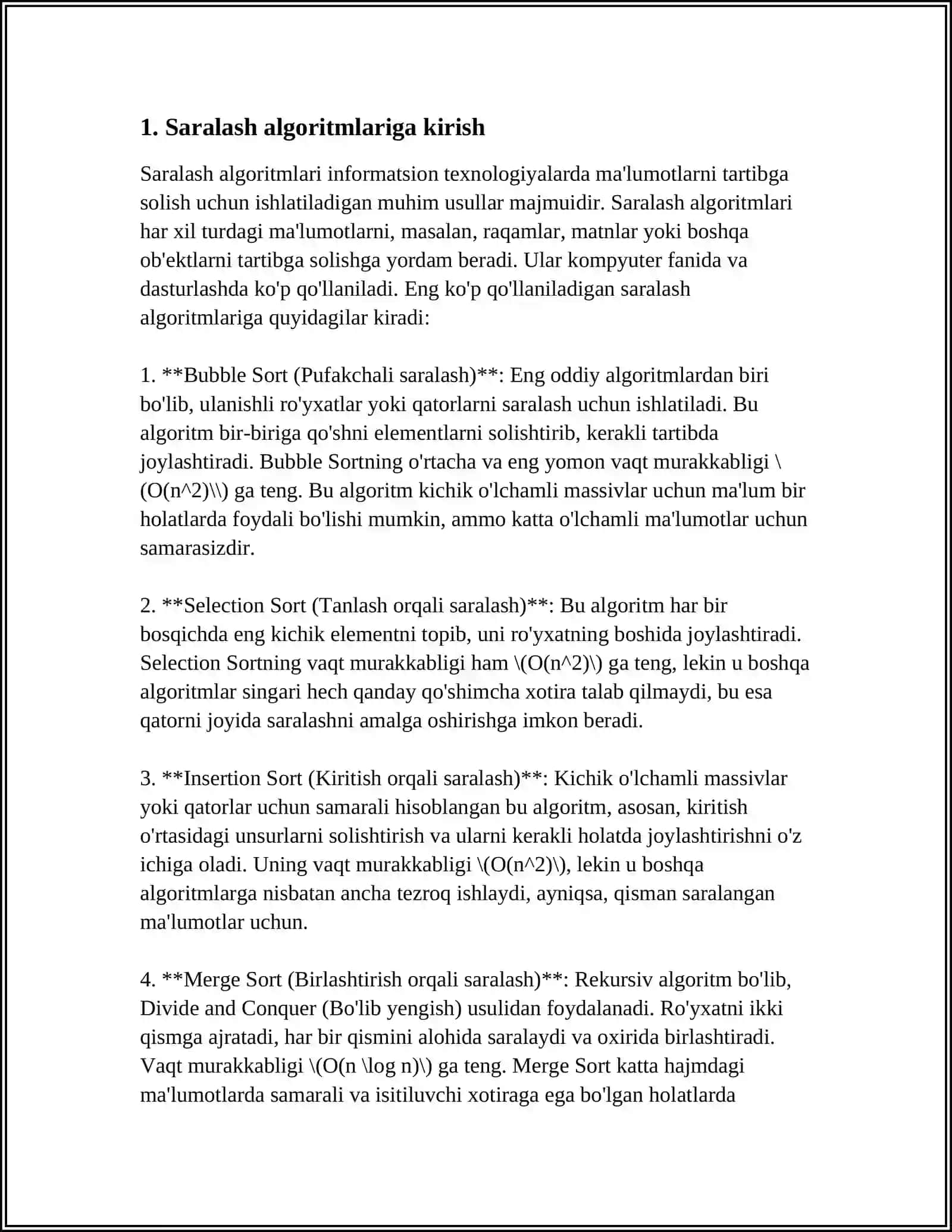 MA'LUMOTLARNI SARALASH ALGORITMLARI. SARALASHNING YAXSHILANGAN USULLARI VA ULARNING SAMARADORLIGI 3
