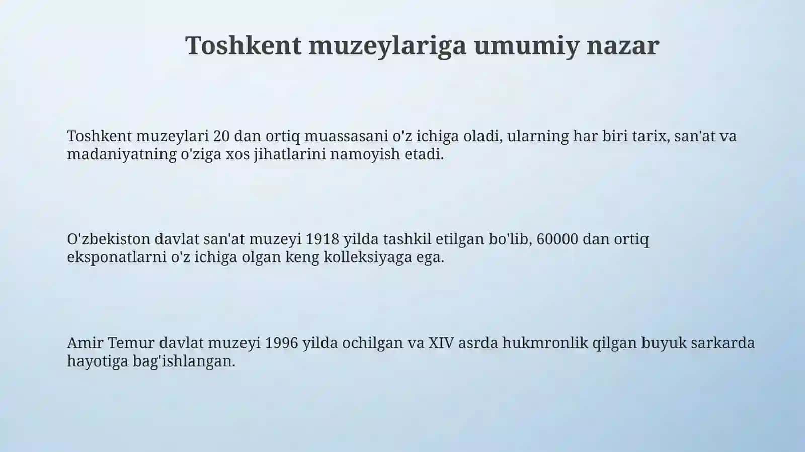 Toshkent shahrida joylashgan muzeylar 3