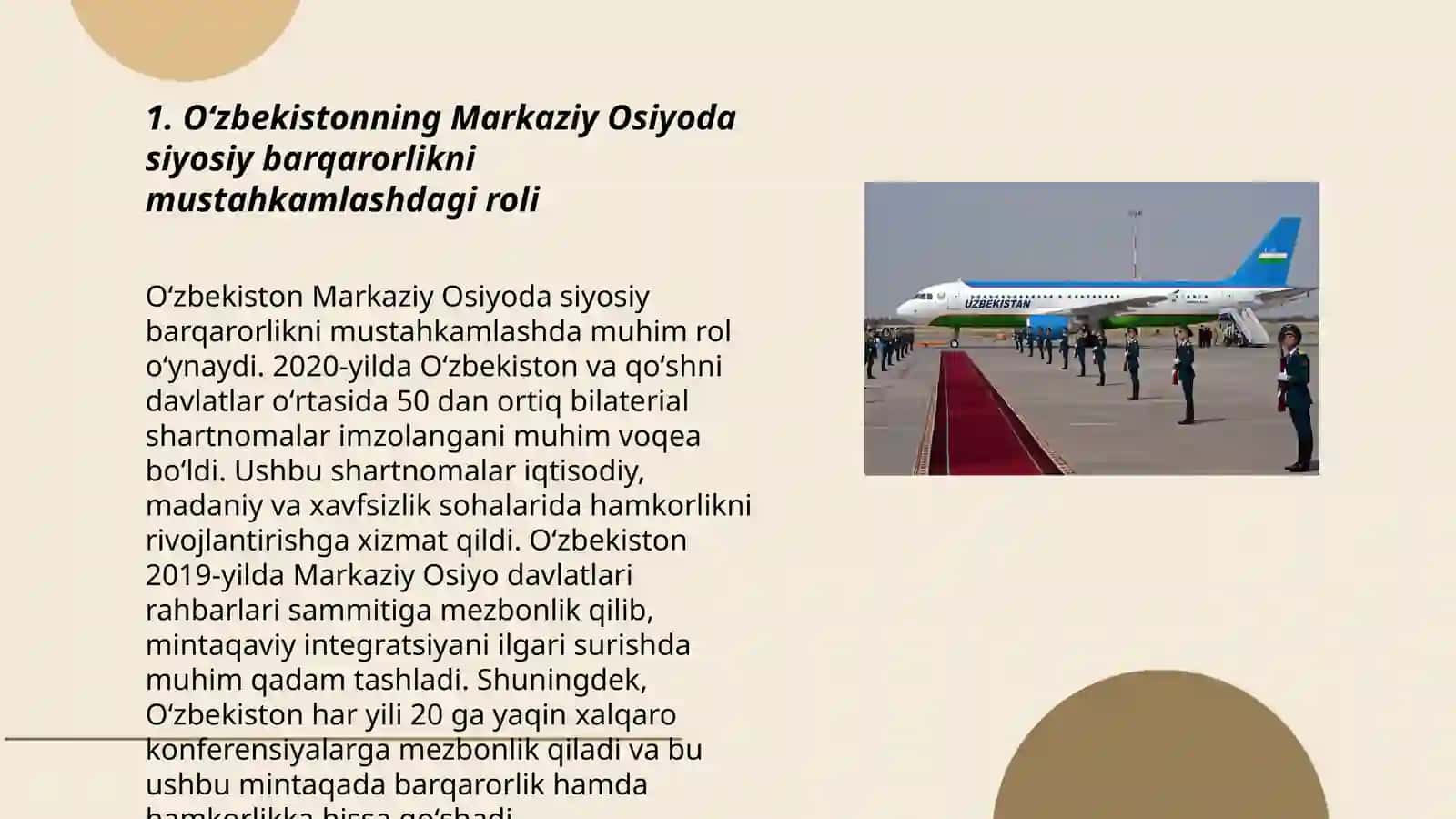 Oʻzbekistonda Markaziy Osiyoda tinchlik va barqarorlikni taʼminlashdagi oʼrni 3