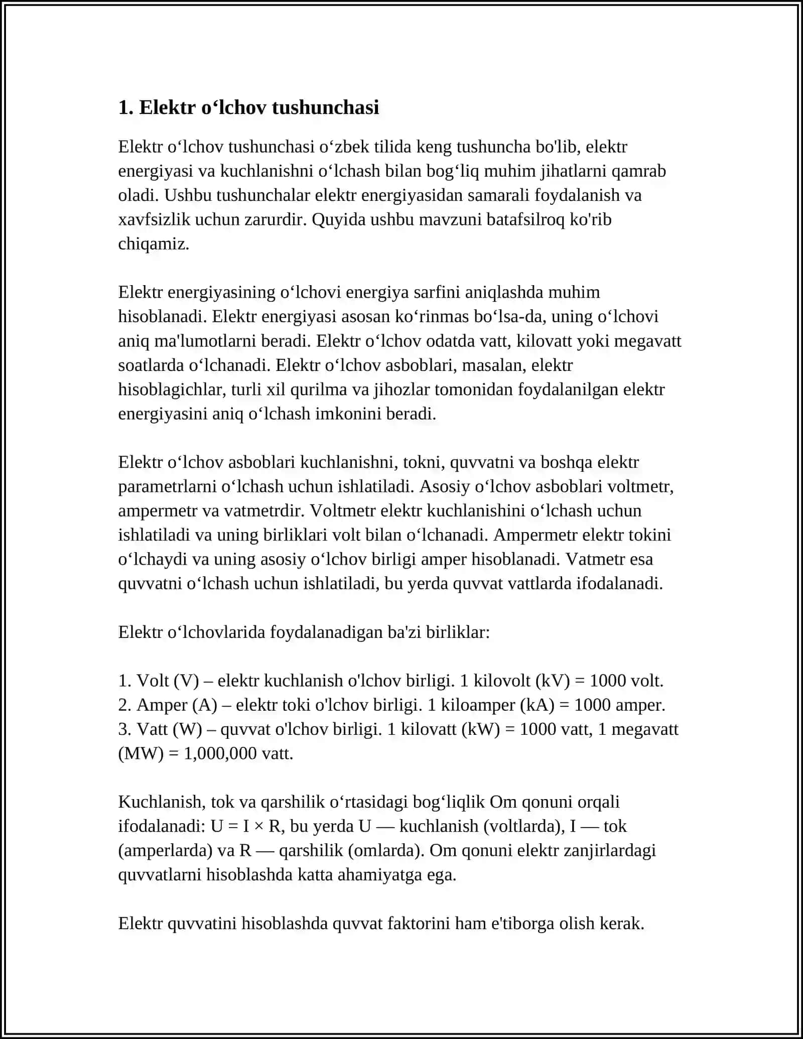ELEKTR OʻLCHOVLAR XAQIDA TUSHUNCHA. OʻLCHASH XATOLIKLARI. ELEKTR OʻLCHOV QURILMALARINING TURLARI VA ASOSIY BELGILARI 3