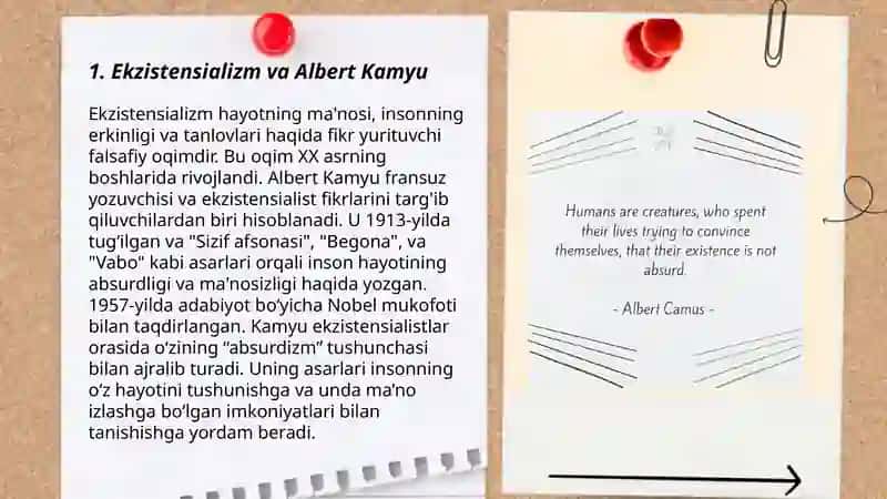 Ekzistensializm A. Kamyu. "Begona", "Vabo" romanlarining tahlili. Kamyu esseistikasi "Sizif haqida afsona", "Isyon qilayotgan inson" esselari tahlili. 3