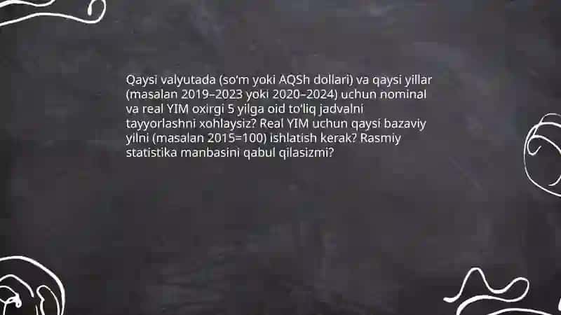 Asosiy makroiqtisodiy koʻrsatkichlar oxirgi 5 yiligi haqida toʻliq malumotlar jadvallari bilan 3