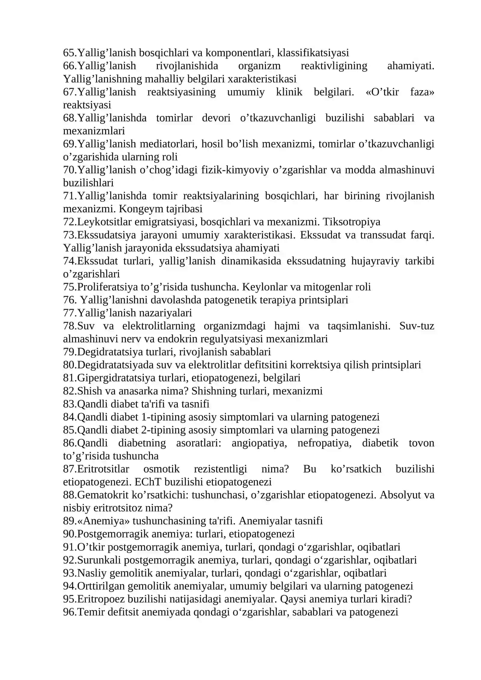 Patologik fiziologiya fanidan 3-kurs Stomatologiya fakulteti talabalariga o‘tkaziladigan og’zaki – so’rov nazorat savollari 3