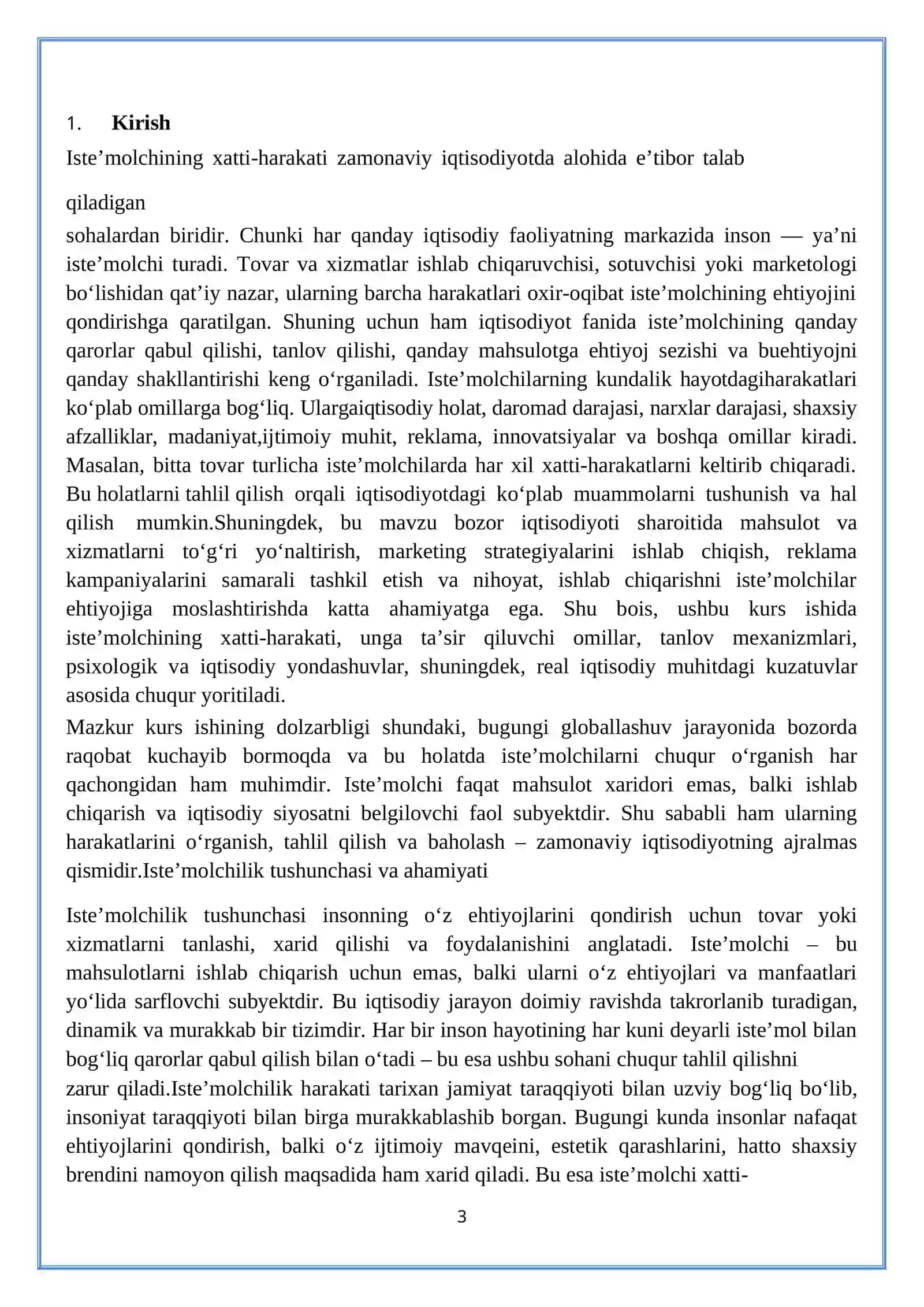 Bozor iqtisodiyoti sharoitida iste’molchilarning  xatti-harakati va tanlovi Kurs ishi 3
